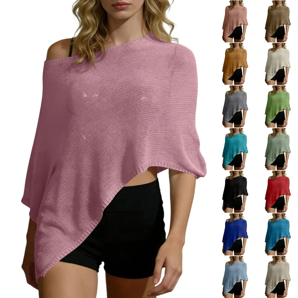 Womens Sheer Poncho Top Lightweight Knit Shrug Shawl Off The Shoulder Asymmetrical Cape Summer Vacation Beach Cover Up Tops