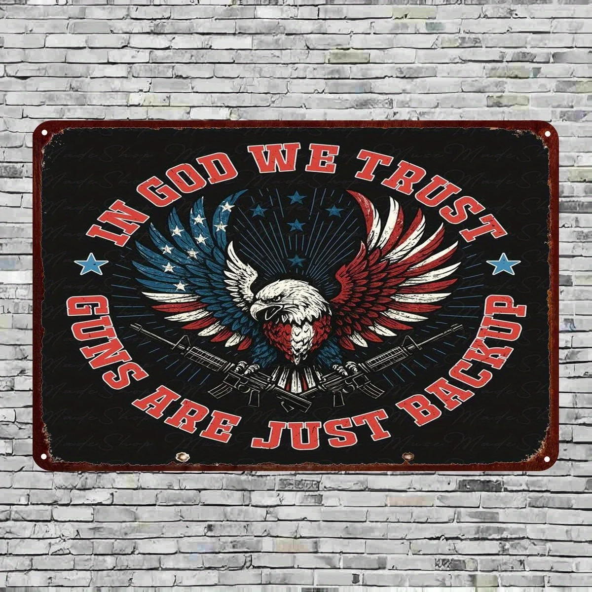 Vintage 'In God We Trust, Guns Are Just Backup' Metal Sign - Patriotic Eagle Design Wall Art Decor, , Iron Material, American