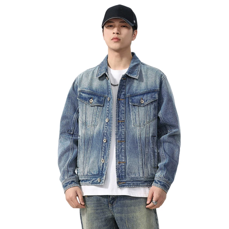 American work denim jacket men New spring and autumn models High-end casual and fashionable lapel men's jacket  Large size 5XL