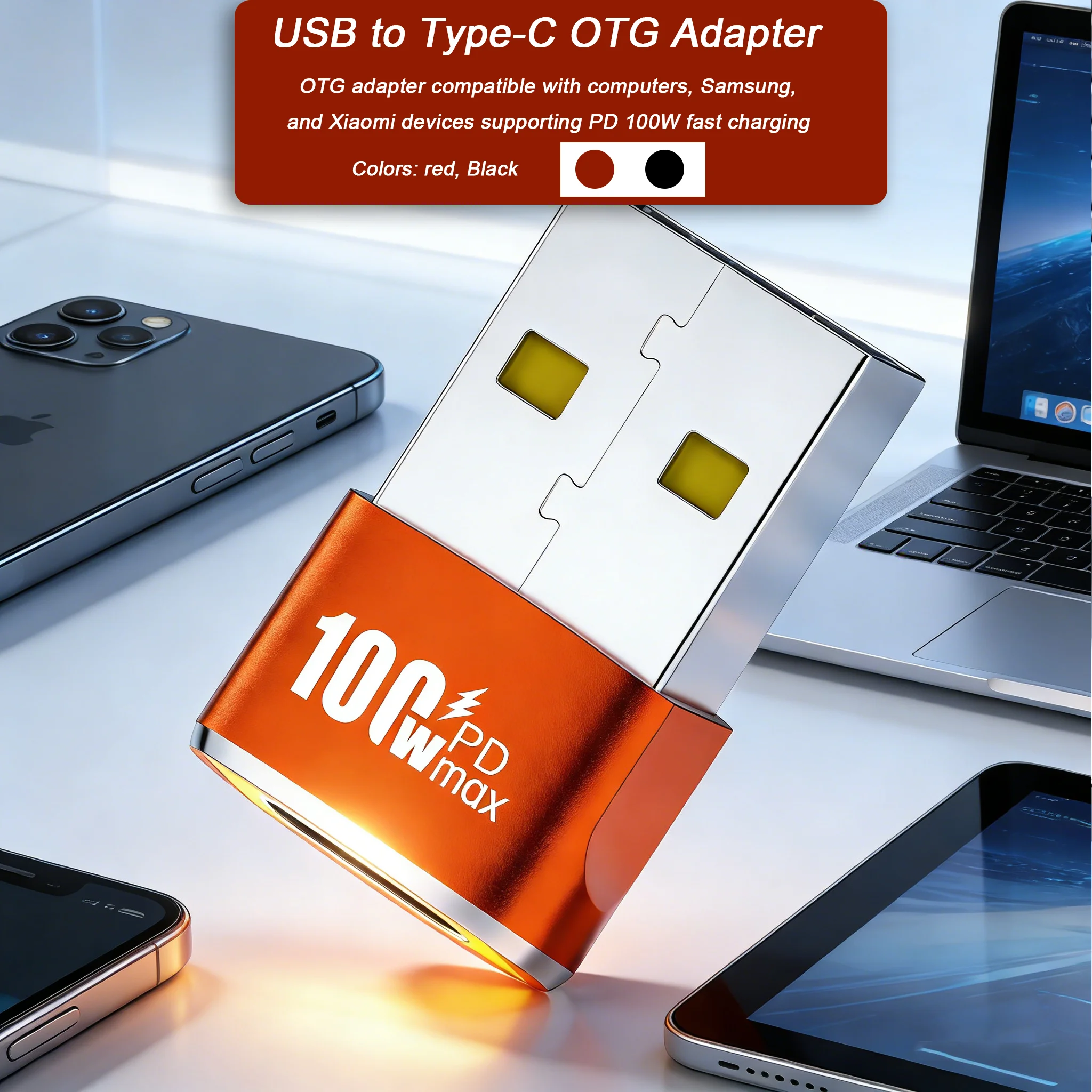 

Black /Red 100W PD USB to Type-C OTG Adapter, USB-C Female to USB-A Male Converter for PC, Samsung, Xiaomi