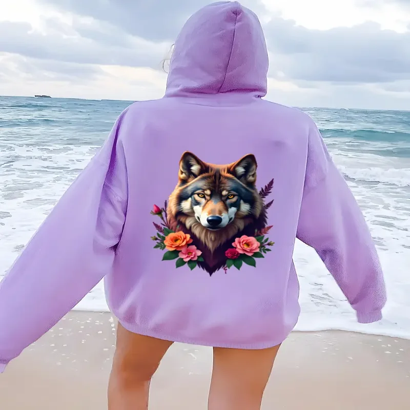 

Женская повседневная толстовка с капюшоном с волком и цветочным рисунком, пуловер с длинными рукавами и передним карманом для осенней и зимней повседневной носки