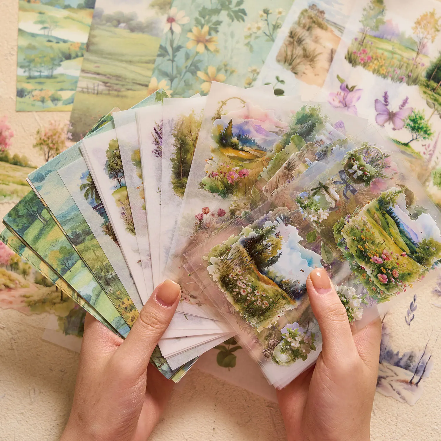 JCAC 54 pièces/sac : Kit de loisirs créatifs en PET + papier Washi + papier léger – Autocollants décoratifs pour journal DIY, style paysage frais et vintage