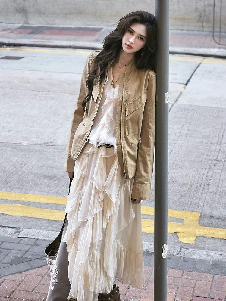 

Костюм приталенного кроя в стиле ретро, нежная ветровка Aosphere ort, универсальный длинный топ с воротником-стойкой, женская мода