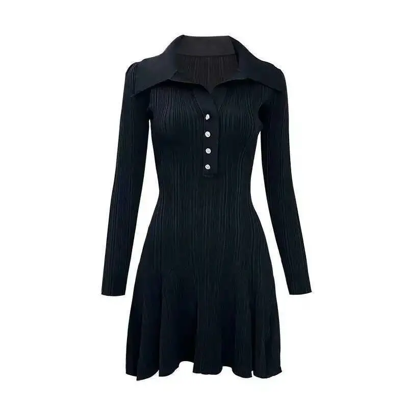 คุณภาพฤดูใบไม้ร่วงElegantเสื้อโปโลแขนยาวถักชุดผู้หญิงปุ่มจีบเสื้อถักถักเสื้อกันหนาวชุดสั้น