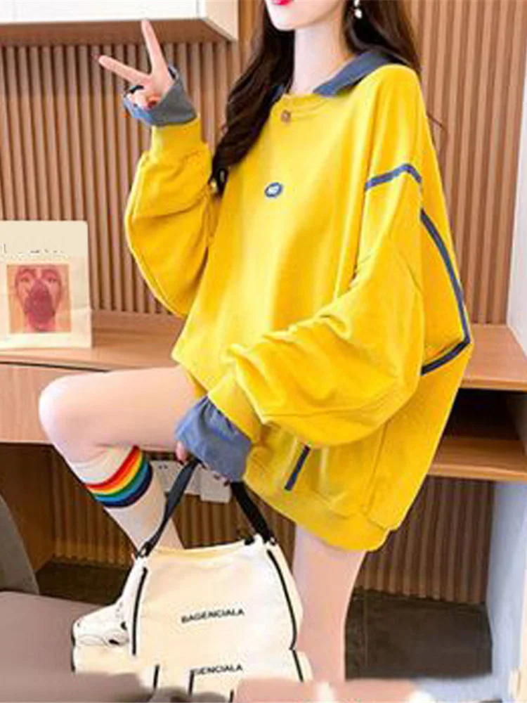 Autumn Korean Fashion Contrast Color Long Sleeve Fake 2 Piece Pullovers Tops Women Casual Streetwear Oversized Female Sweatshirt