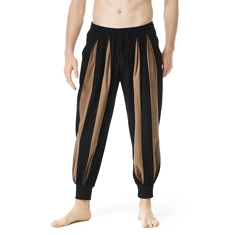Мужские свободные шаровары в уличном стиле, повседневные брюки из хлопка и льна с блокировкой цвета для молодежи, весна-лето 2024