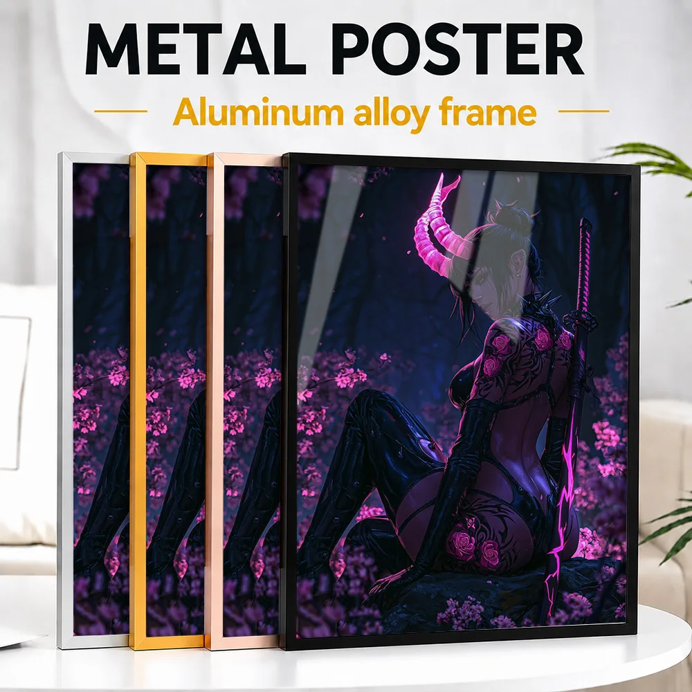 Neon Demon Samurai In Cherry Blossoms Framed Metal Print Customized Japanese Culture Tribute Wall Art Ideal For Meditation Space