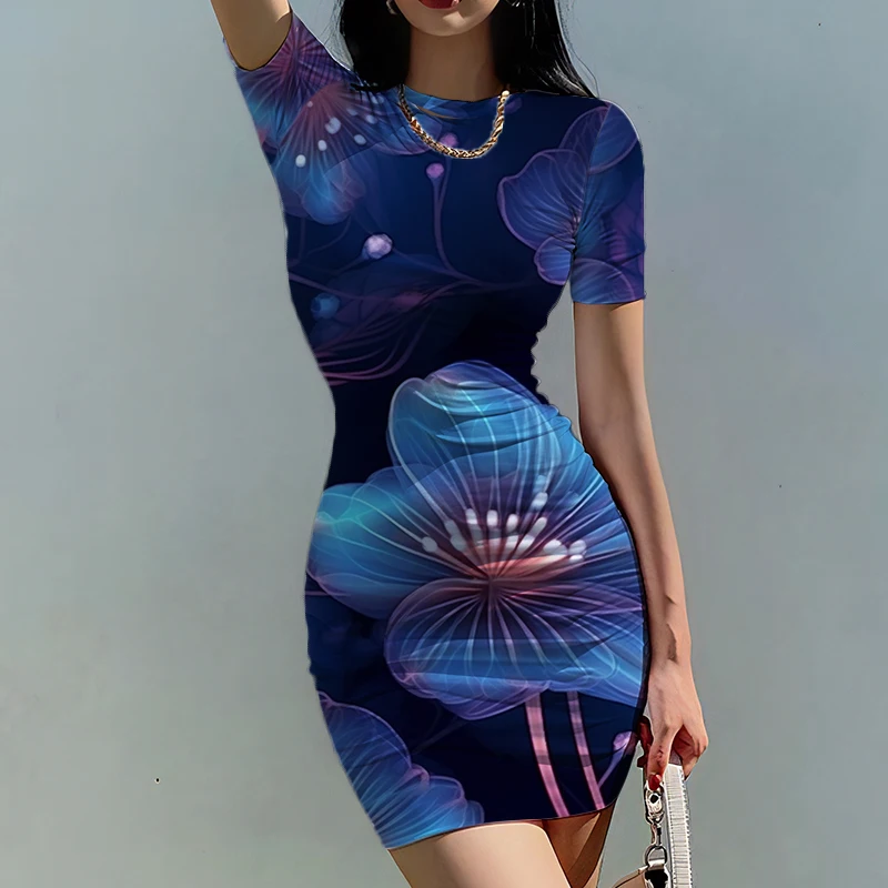 Summer new lady slim dress bright flower 3D printed lady dress beautiful lady slim dress fashion trend lady slim dress