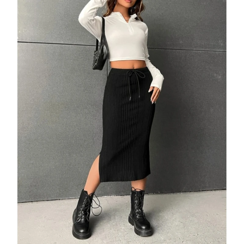 Women Drawstring High Waist Ribbed Knit Package Hip Stretchy Midi Pencil Skirt