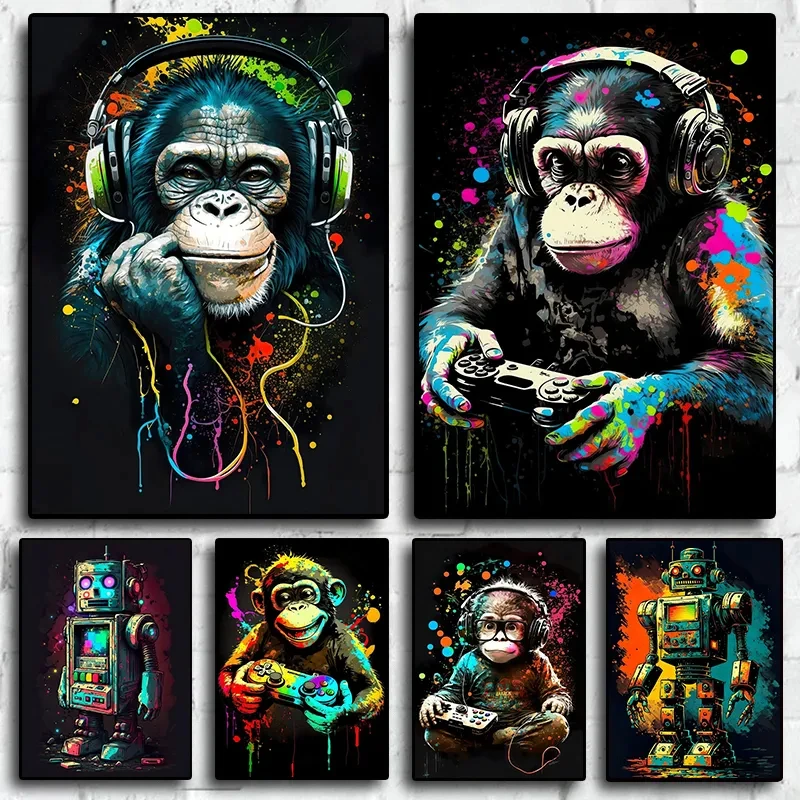 Image de manette de jeu de joueur de singe drôle rétro des années 80, pour salle de jeu, peinture sur toile imprimée, Art mural, décoration de maison, affiche esthétique