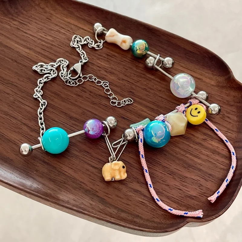 Colored crystal glass beaded smiley face necklace women's handmade knitted sweater chain view 3