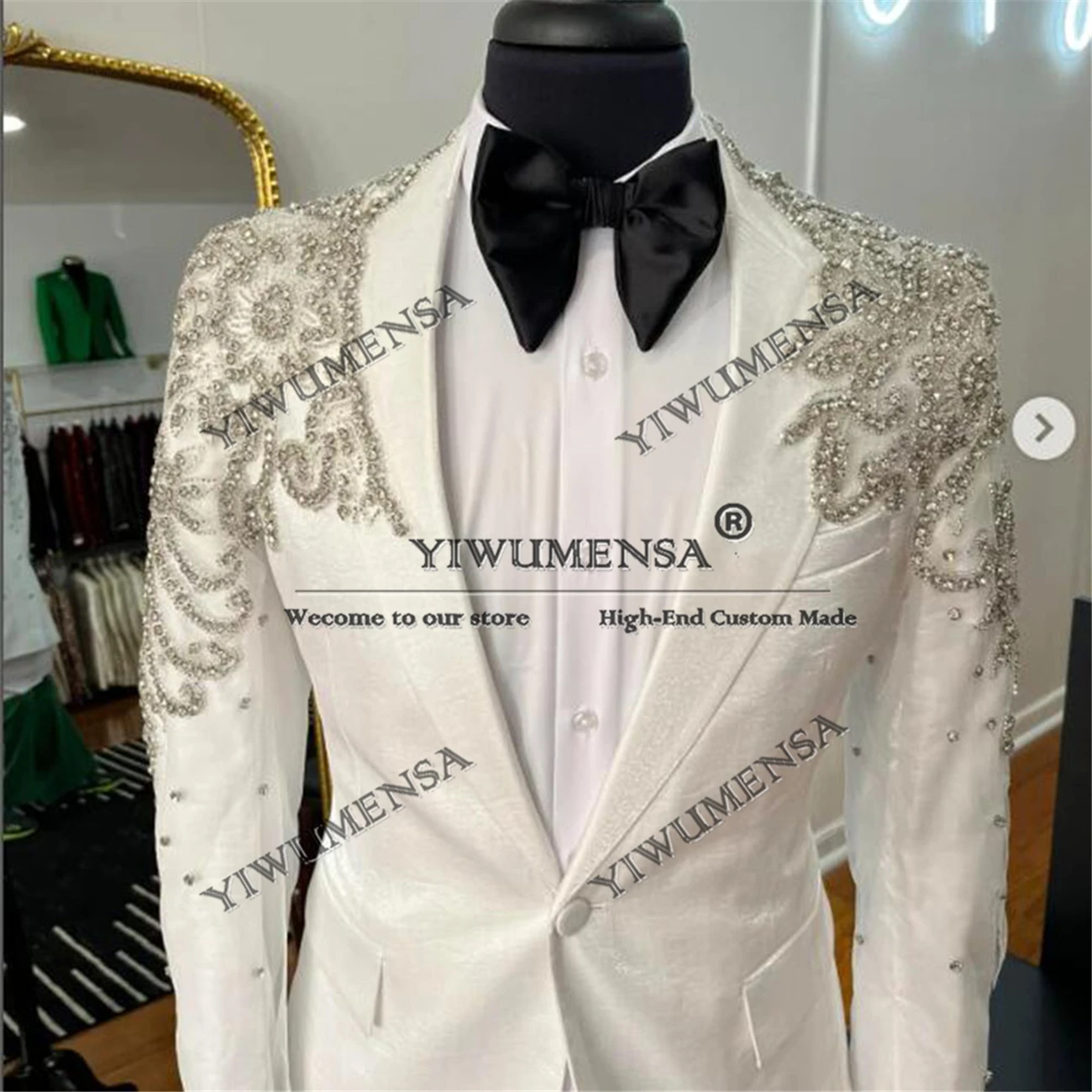 Металлические украшения, свадебные костюмы из бисера для мужчин, однобортный пиджак, брюки, комплект из 2 предметов, смокинги для жениха, индивидуальные платья для выпускного вечера
