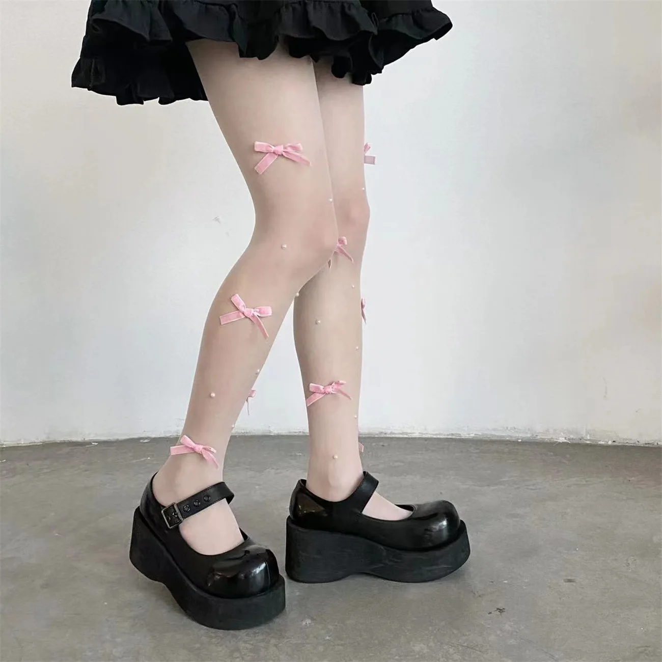 Sommer rosa Samt Bogen Stickerei Perle Strumpfhosen Mode Frauen Prinzessin Strumpfhosen JK Lolita Stile süße Mädchen Kawaii süße Medien – Detail 2