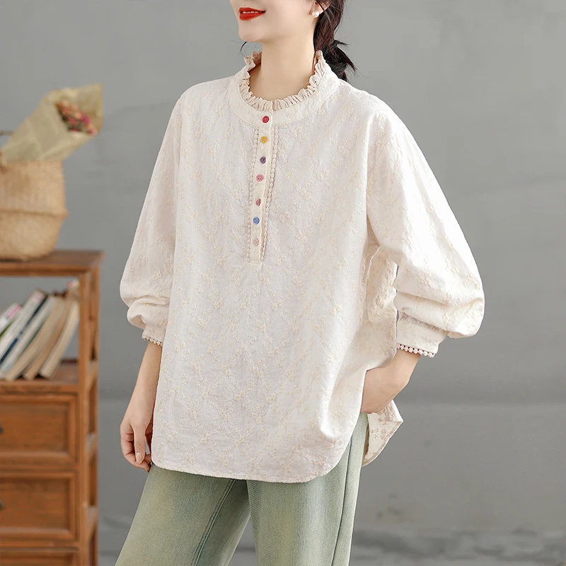 

Embroidered Long Sleeve Lace Shirt Loose Fit Casual Style Spring Fashion Women's Clothing Casual Wind Shirt with Wood Ear Collar