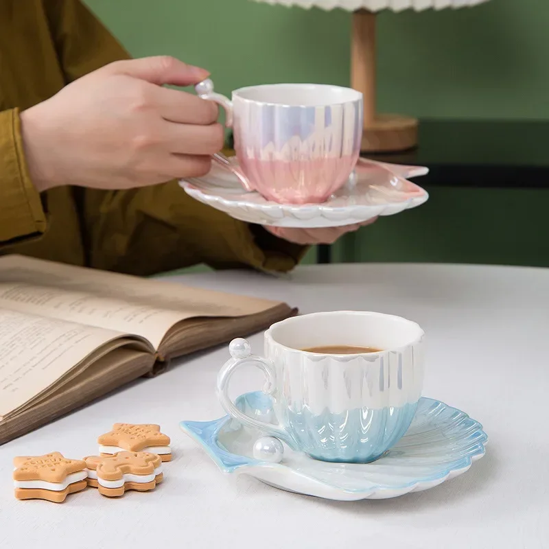 

Ins Gradient Color Pearl Shell Ceramic Cup Afternoon Tea Cups and Plates Exquisite Ceramic Coffee Cup Home TeaCups Dessert Dish