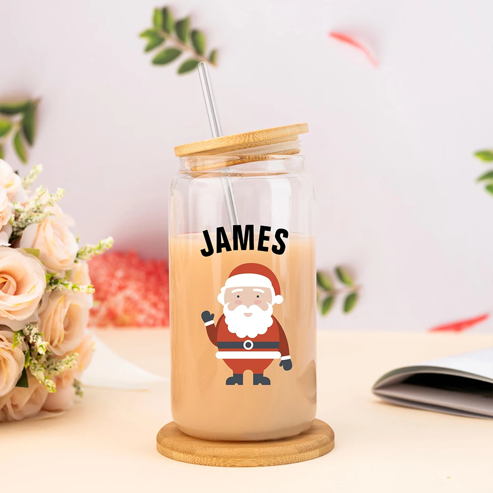 Christmas Customized Drinking Glass Coffee Water Juice Bottle Portable Clear Cup with Lid Straw Brush Holiday Gifts view 4