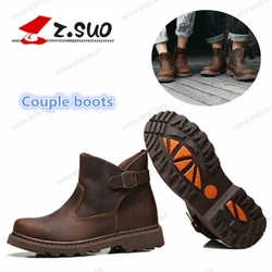 Z.SUO Men Women Waterproof Leather Motorcycle Boots Vintage Motorbike Protective Boot Brown Motocross Street Riding Shoes Lovers