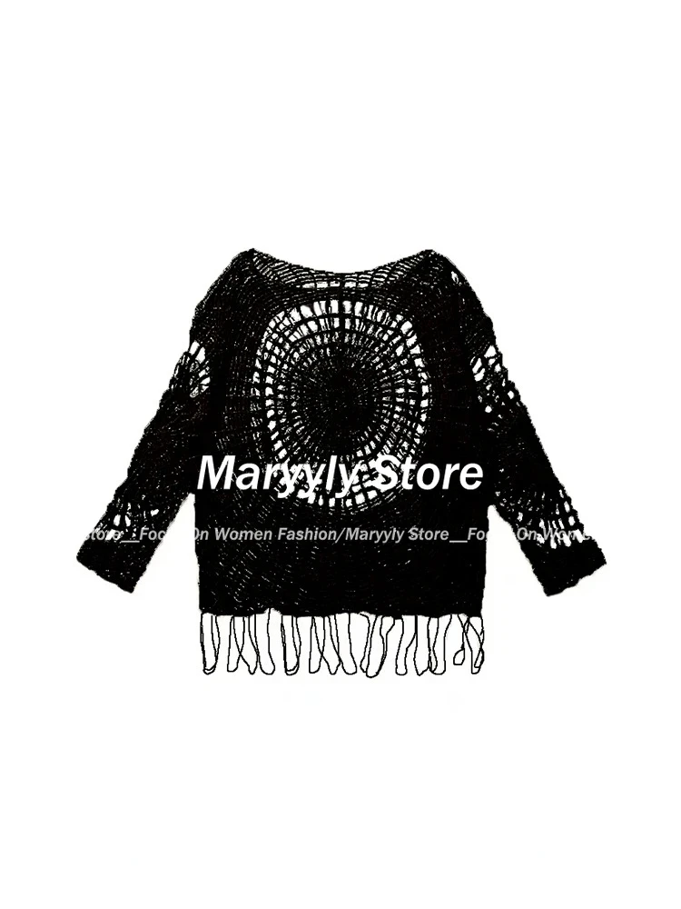 2024 Summer Vintage Black Hollow Out Knitted Sweater Women Spider Web Hole Tops Women Y2k Off Shoulder Long Sleeve Pullovers New