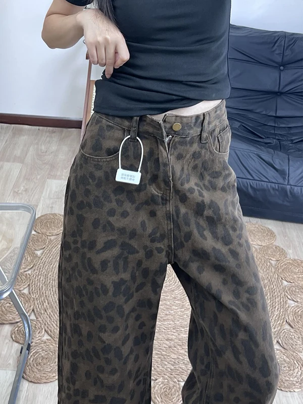 

Ретро американский леопардовый принт с высокой талией, свободные прямые брюки, широкие брюки длиной до пола, кленовые джинсы Le, женские осенние новые джинсы