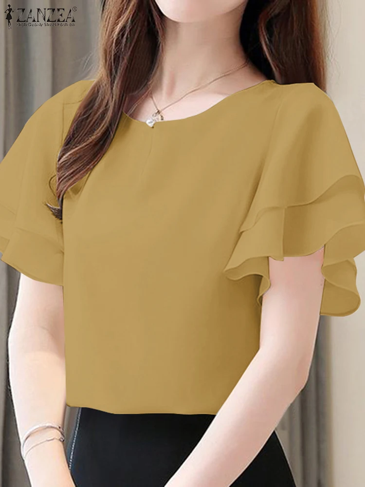 ZANZEA 夏エレガントな半袖オフィスシャツ女性ブラウス 2025 カジュアル固体 OL ワークトップスファッション O ネックホリデーパーティー Blusas