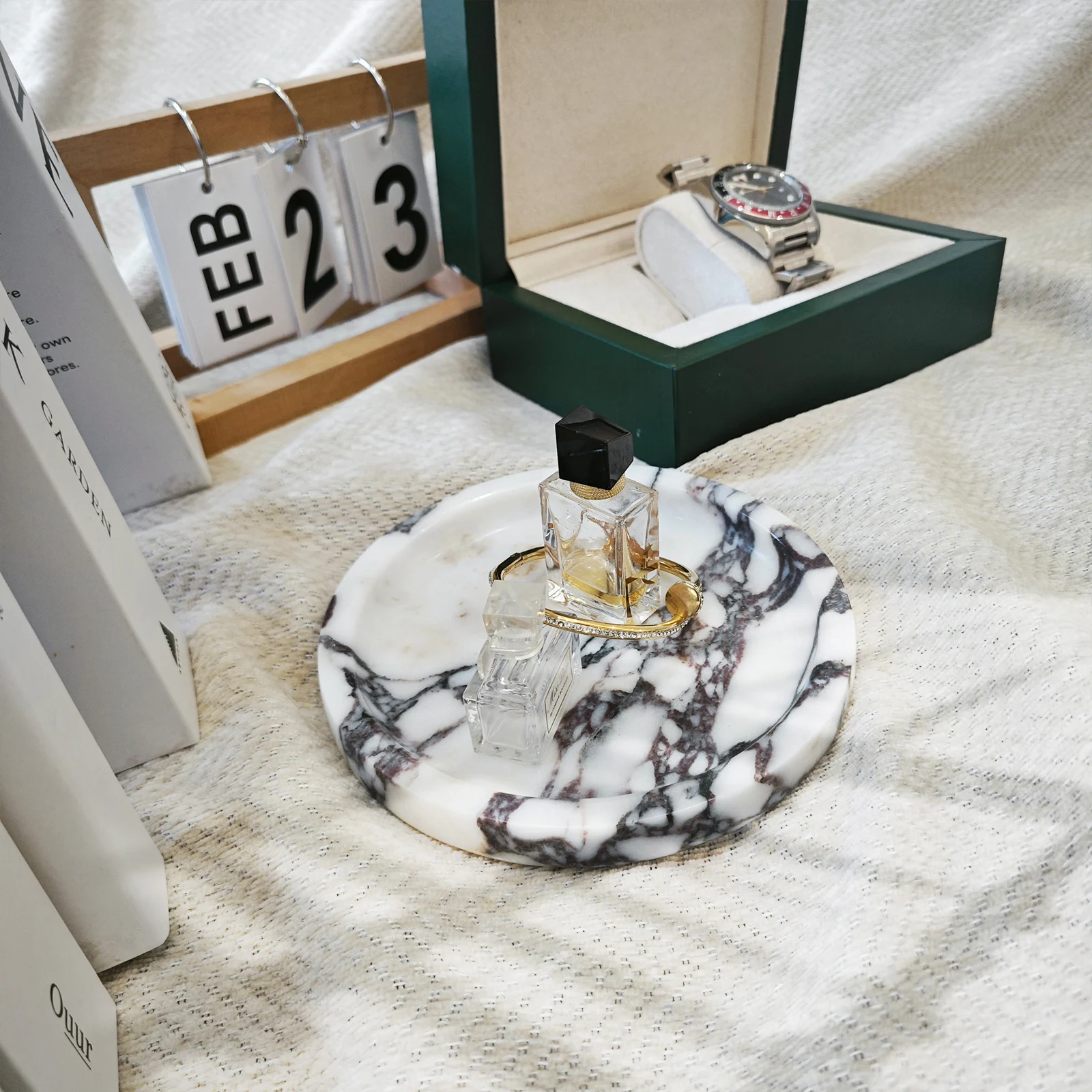 Small Round Travertine Tray, Natural Stone Jewelry Vanity Tray for Rings, Keys, and Coins, Compact Home Decor Organizer 15CM
