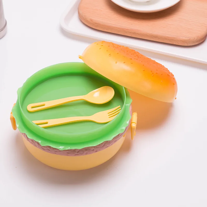 Creative Cartoon Hamburger Lunch Box Double Tier Cute Burger Bento Lunchbox Microwave Food Container Fork Tableware Set