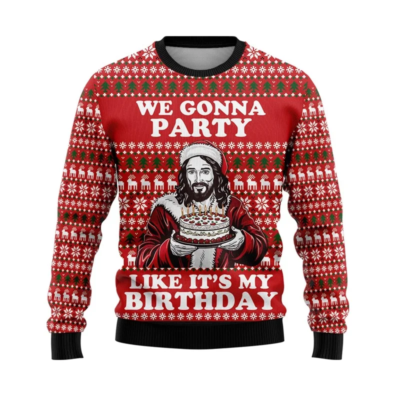 Full Print Men Women Ugly Jesus Jumper Sweatshirts Long Sleeve Crew Neck Christmas Jersey Sweatshirt Mens Hoodies Clothes