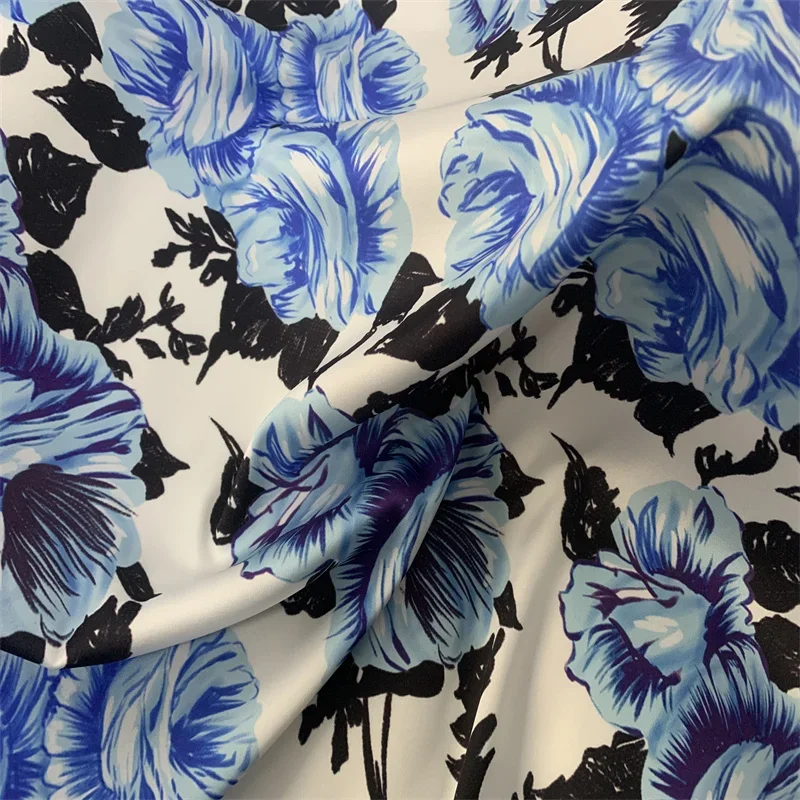 Brand Blue Rose Pattern Printed on High Quality Mitation Silk Stretch Satin Fabric for Dress DIY Sewing Skirt Material Per Meter