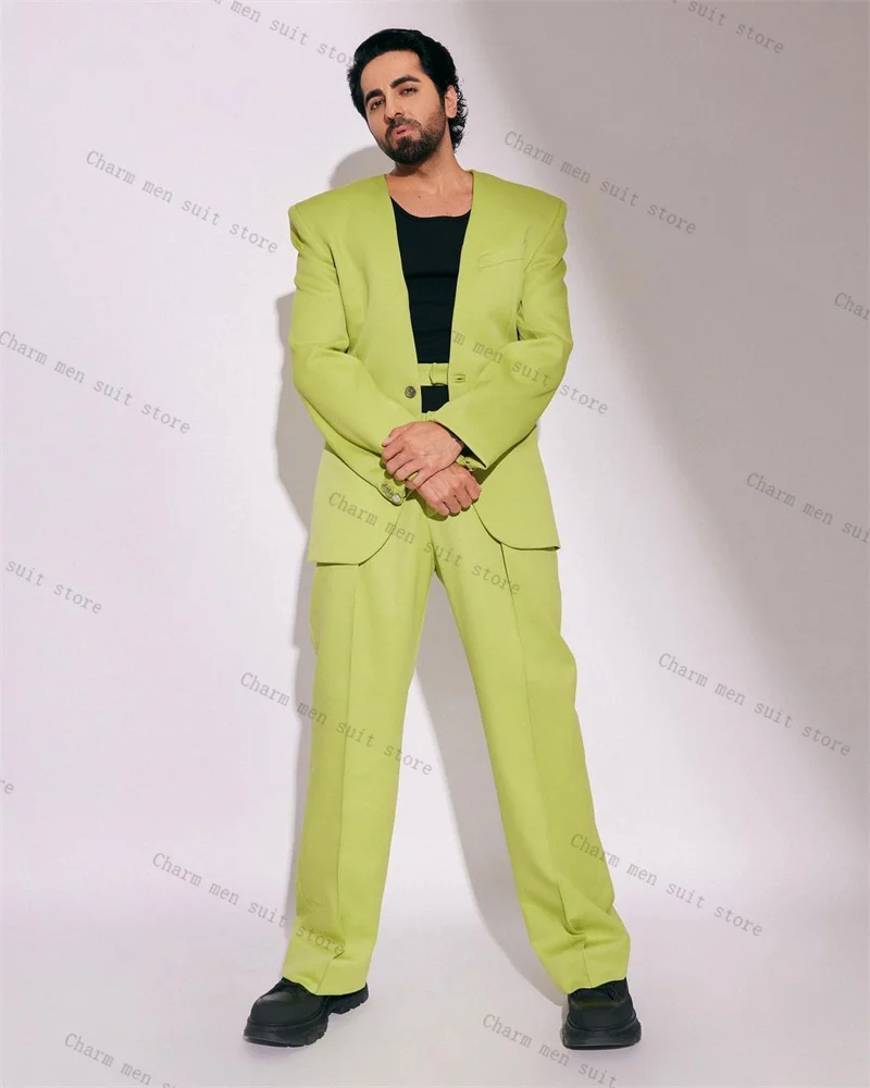 

Fashion Green Men Suits Set 2 Pcs Blazer+Belted Pants Trousers Wedding Tuxedos Autumn Formal Office Groom Jacket Coat Customized