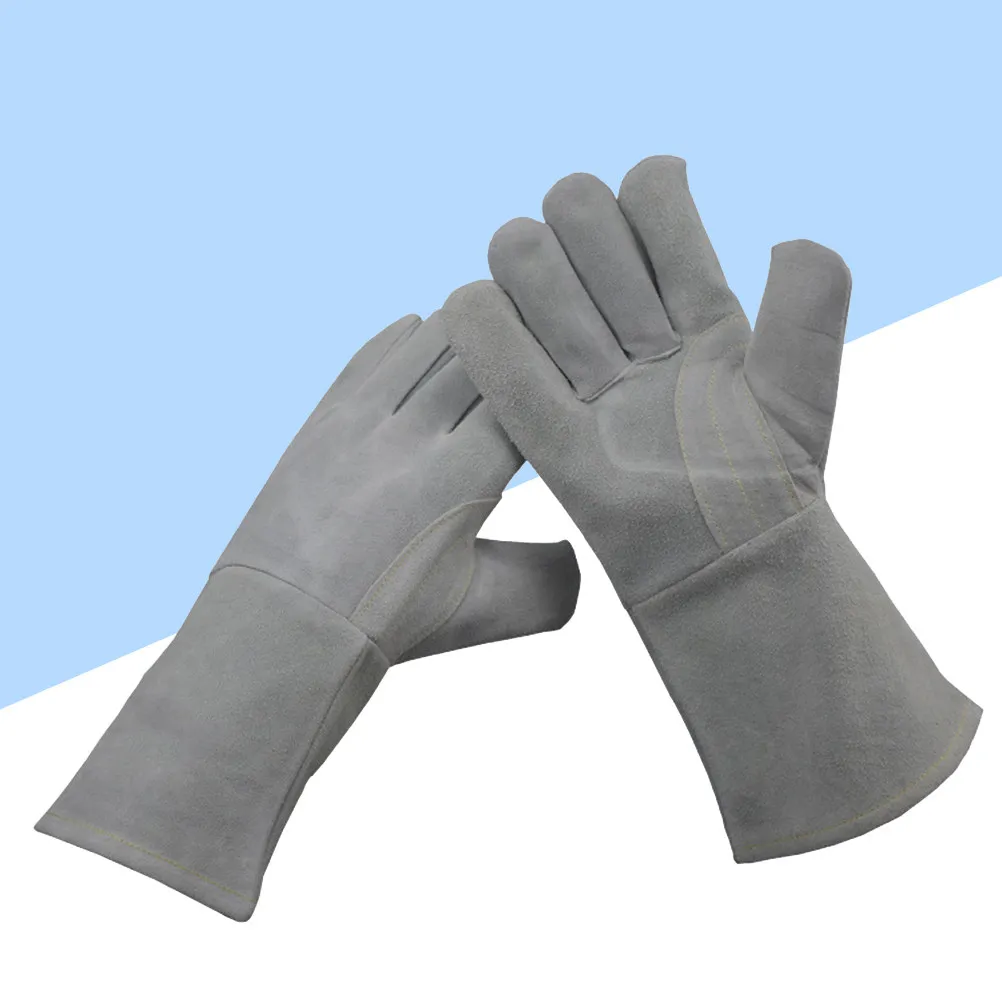 1Pair Cowhide Welding Gloves Double Layer Heat Resistant Fireproof Long Sleeve Heavy Duty Protective Gloves for Cooking