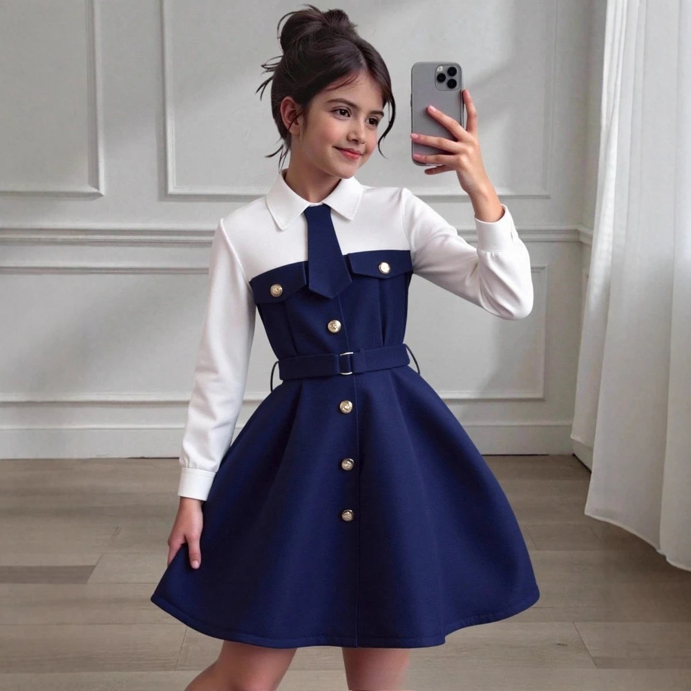Girls Preppy Style Long Sleeve Shirt Dress Color Block Patchwork Fake Pocket Button Decor Waist Belt Versatile Dress