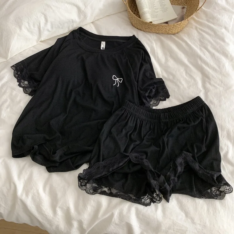 High Quality Bow Print Lace Patchwork Women's Pajamas Set with Pad Solid 2 Piece Pajamas Set Casual Homewear Elegant Outfits