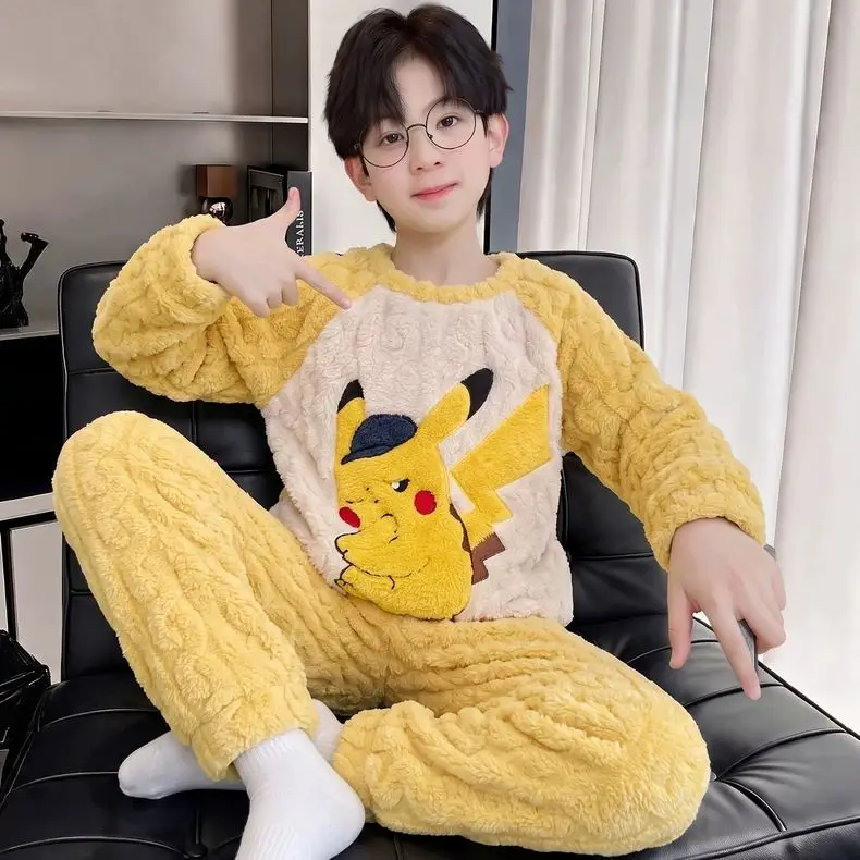 Gengar Pikachu Pajama Set Winter Cozy Jacquard Coral Fleece 2-Piece Sleepwear Popular Cartoon Anime Print Top Pants Loungewear