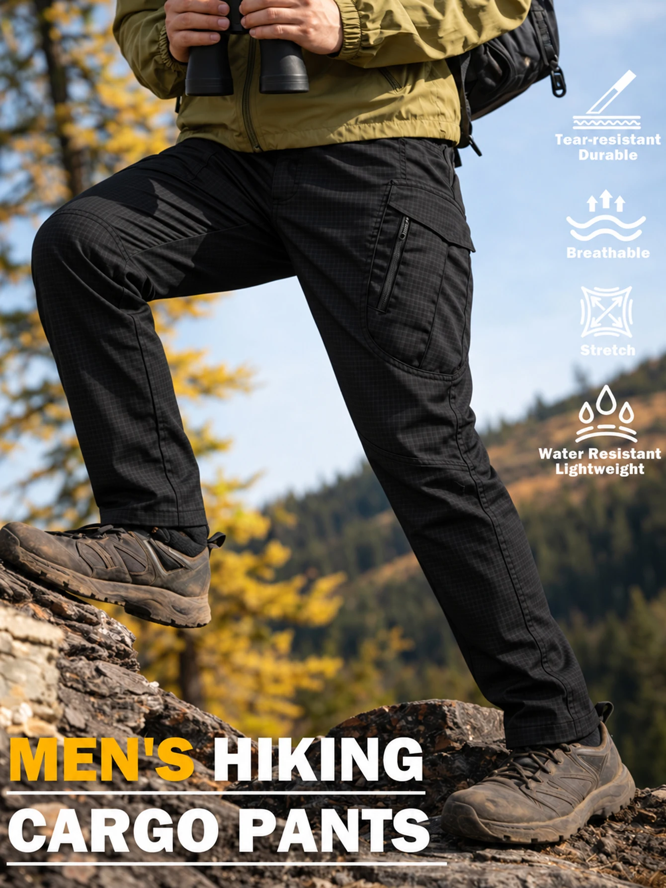 Men's Black Lightweight Cargo Pants, Quick Dry Ripstop Outdoor Pants, Breathable Commute Work Pants, Ships from US