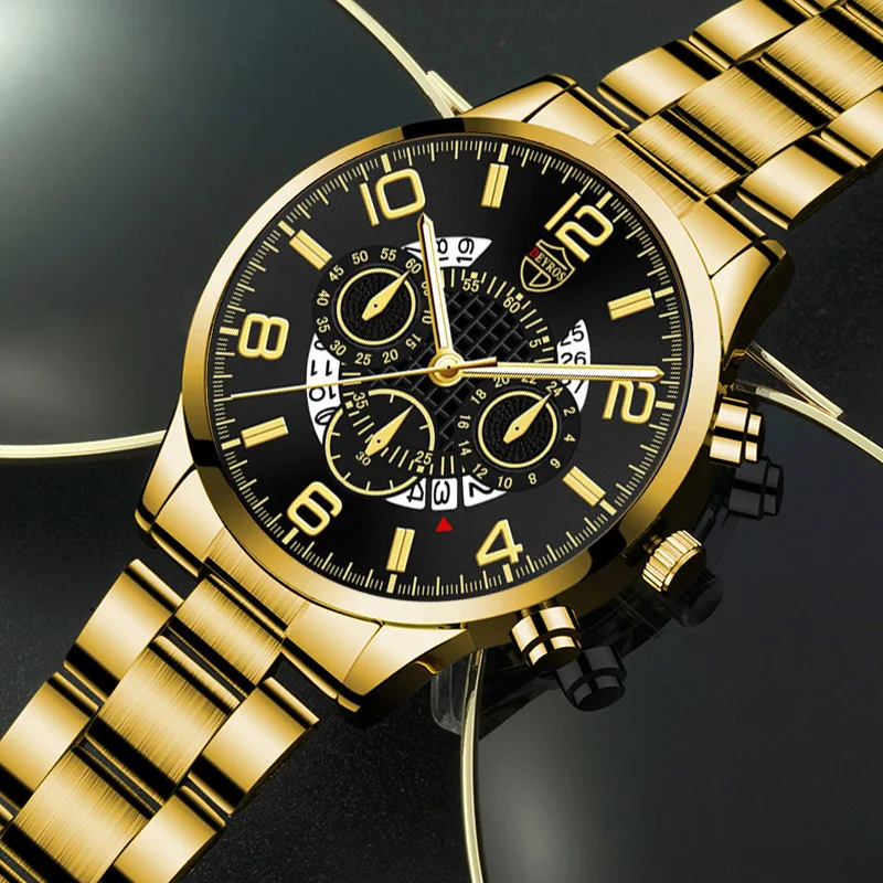 날짜 기능, 쿠바 목걸이, 반지 및 팔찌, 남성용 추수 감사절 이상적인 선물이 포함된 남성용 패션 4개/세트 쿼츠 시계