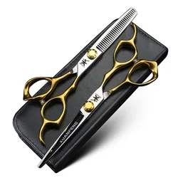 XUANFENG Gold Handle Hair Scissors 9cr18 Steel Gold Screws 6-inch Barber Cutting Scissors and Thinning Scissors Set