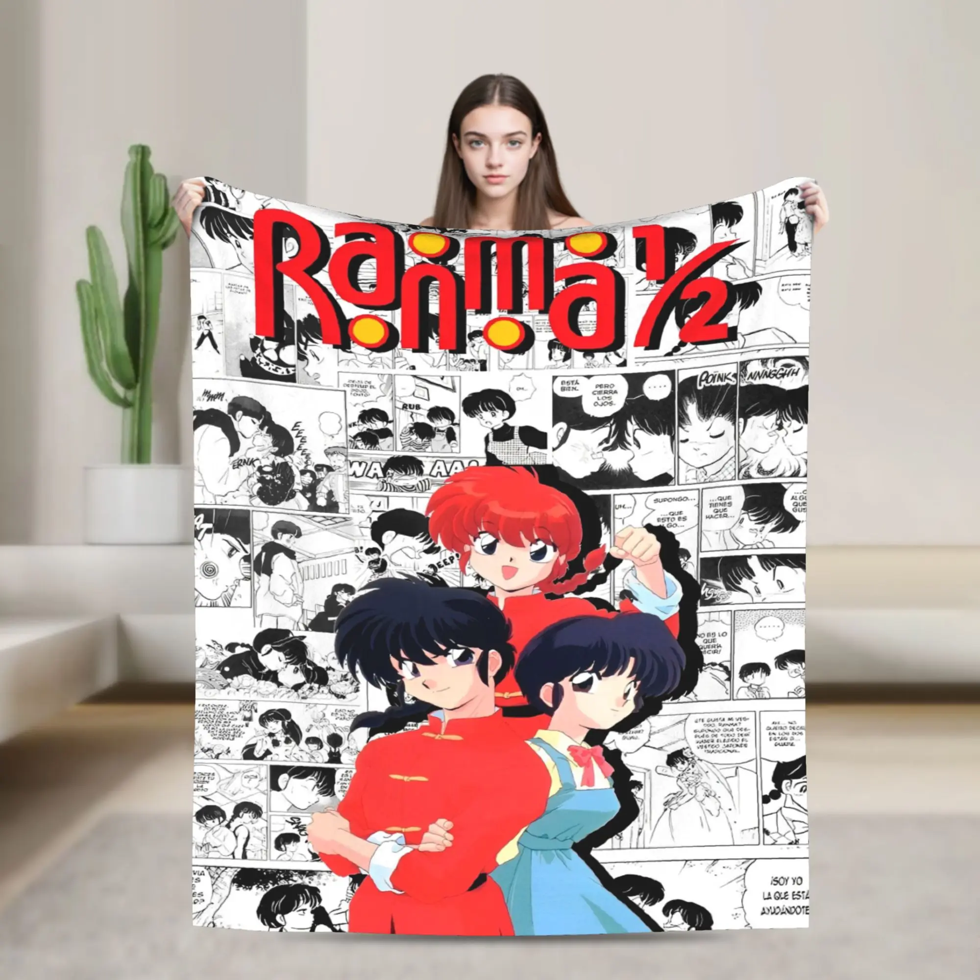 Manga Ranma 1⁄2 Flannel Throw Blankets Adventure Martial Comedy Blankets for Bed Bedroom Super Warm Plush Thin Quilt