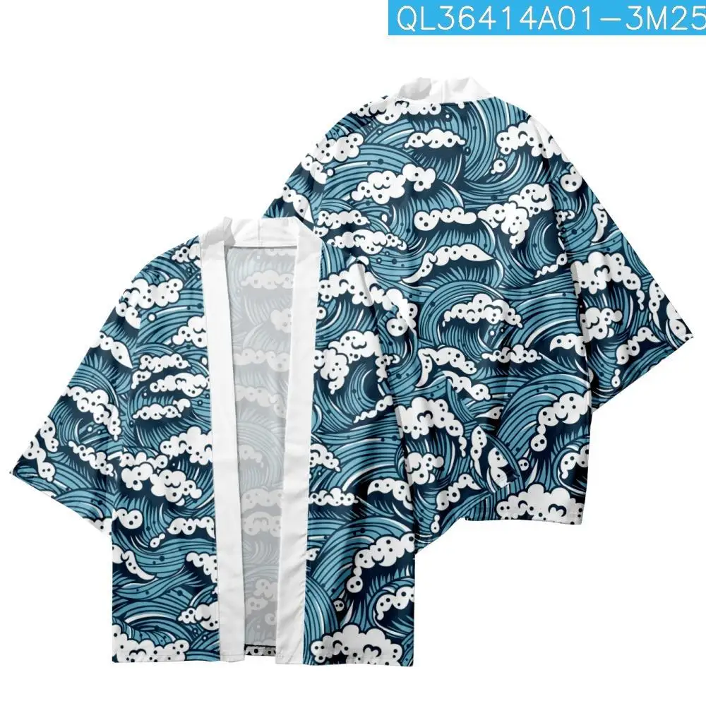 

Summer Casual Loose Couple Women Men Haori Yukata Cartoon Blue Wave Printed Kimono Beach Shorts Streetwear Cardigan