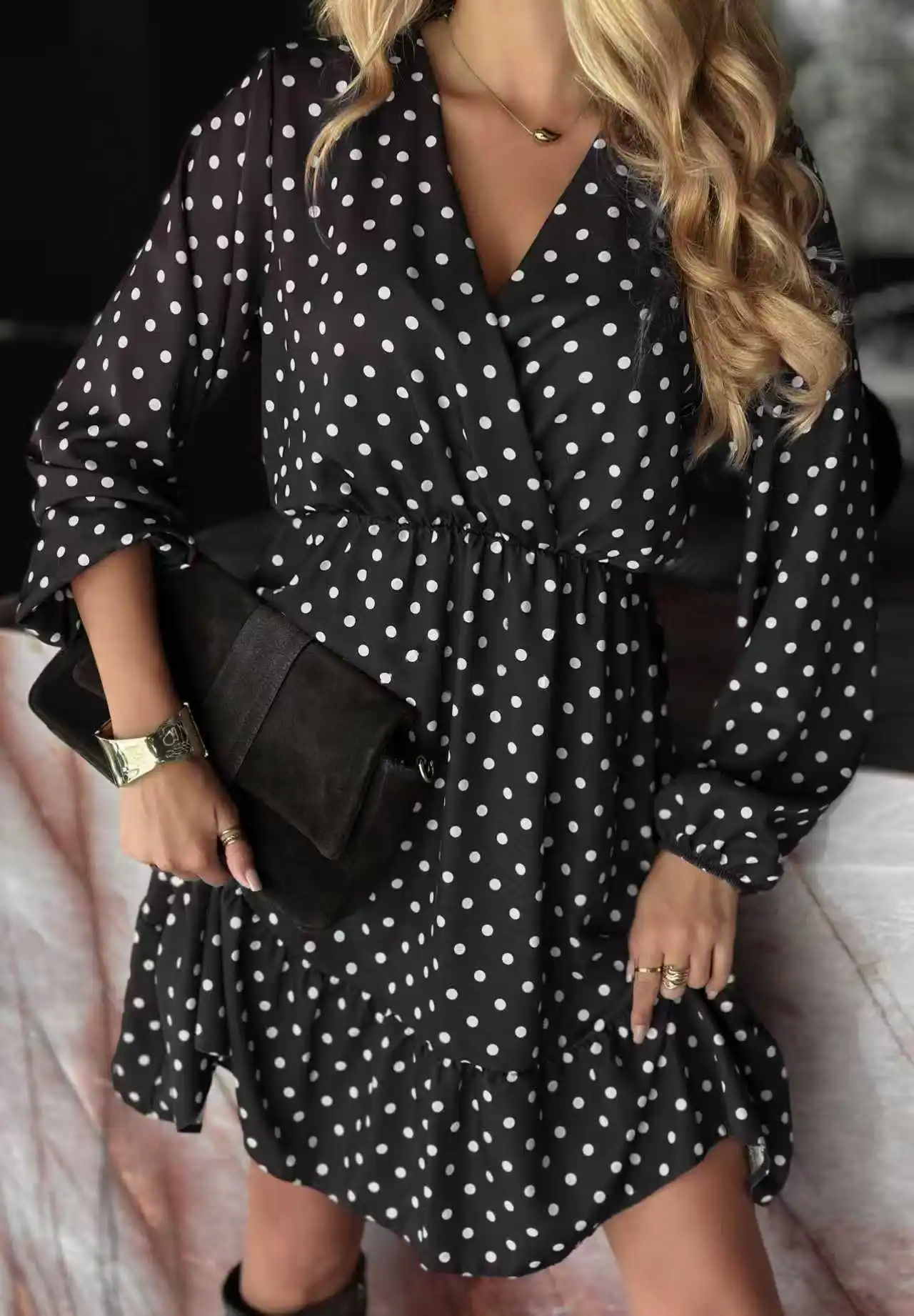 Women's Polka Dot V-Neck Dress - Long Sleeve Elastic Waist Dress, Sweet Fall Winter Party Dress