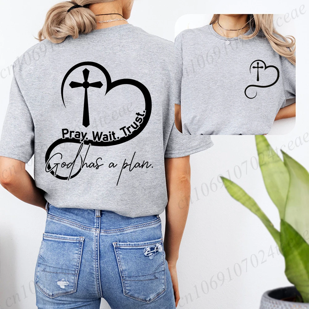 Women Pray Wait Trust Soft Tops Cute Graphic Tees Shirts Faith Tshirt Religious T-shirts Short Sleeve Fashion Casual Clothing