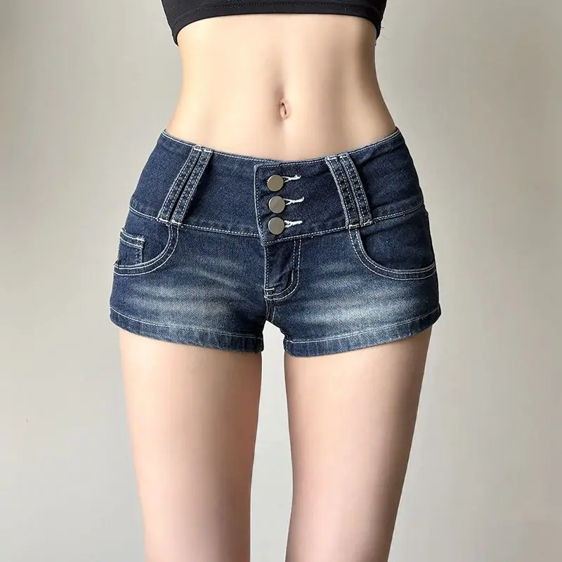 2025 Summer New Retro Women's Low-waist Breasted Button Denim Super Shorts Elastic Tight Jean Y2k Shorts