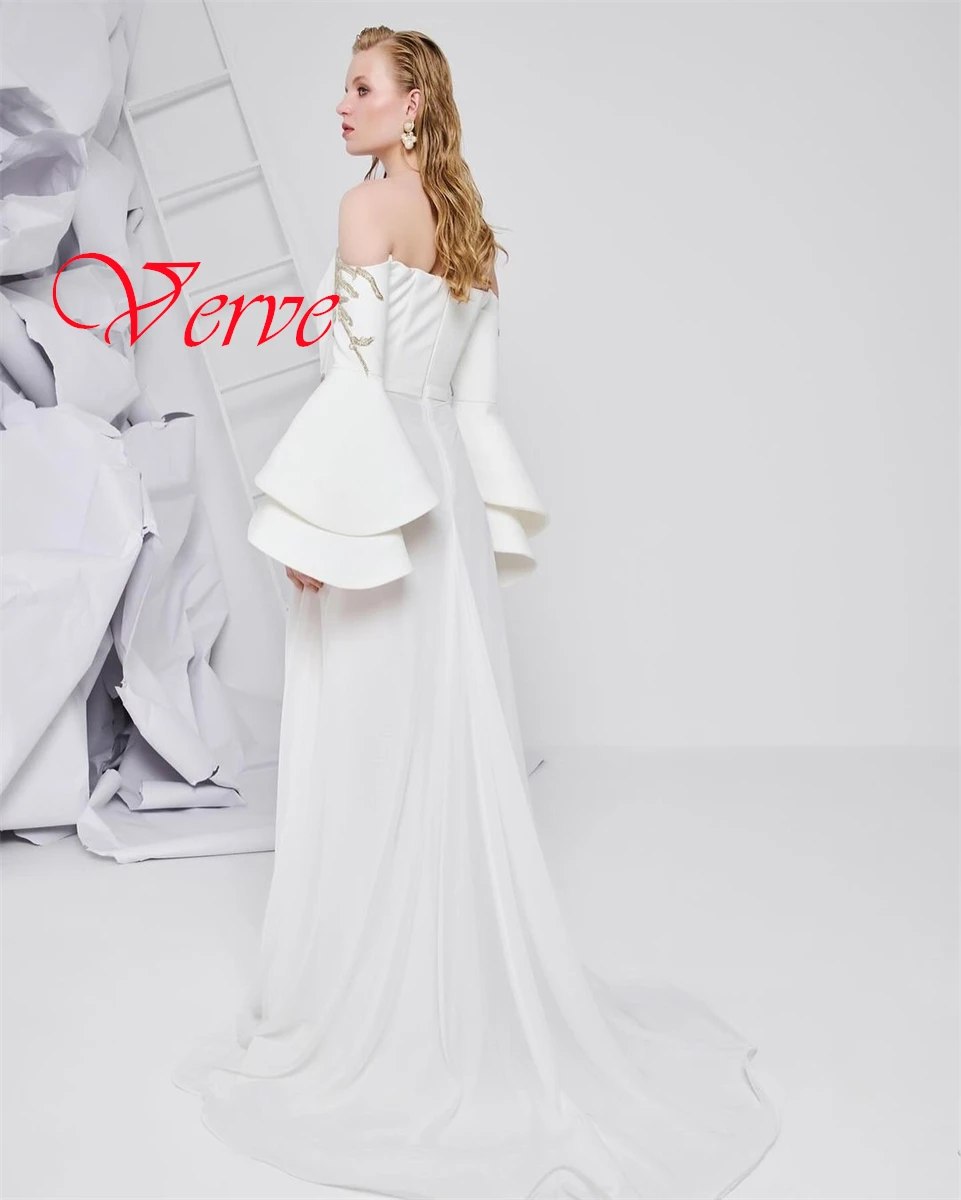 Customized Exquisite White Jersey Evening Dress Classic Strapless Off the Shoulder Long Sleeves Zipper Back Homecoming Dress