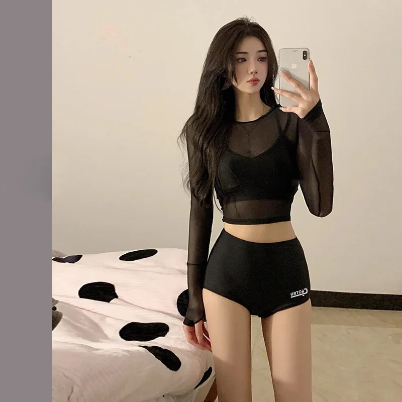 BLACK SWEET Korean Sexy Three Piece Swimsuit Women Mesh Transparent Cover-up High Waist Bikini Set Hot Spring Bathing Suit Women