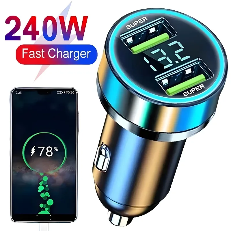 240W Car Charger Fast CHARGING 2 พอร์ต USB อะแดปเตอร์สําหรับ iPhone Samsung Xiaomi Quick CHARGING เครื่องชาร์จดิจิตอลจอแสดงผล