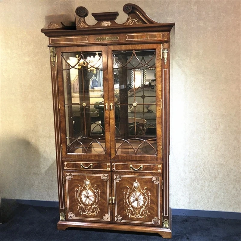 

English Solid Wood Wine Cabinet Dining Side Cabinet Copper Piece English Furniture Villa Double Door Wine Cabinet