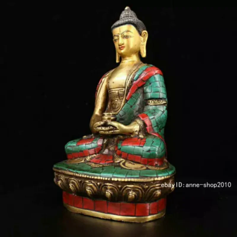 21cm Old Tibet Brass Bronze inlay Turquoise Sakyamuni Buddha Statue