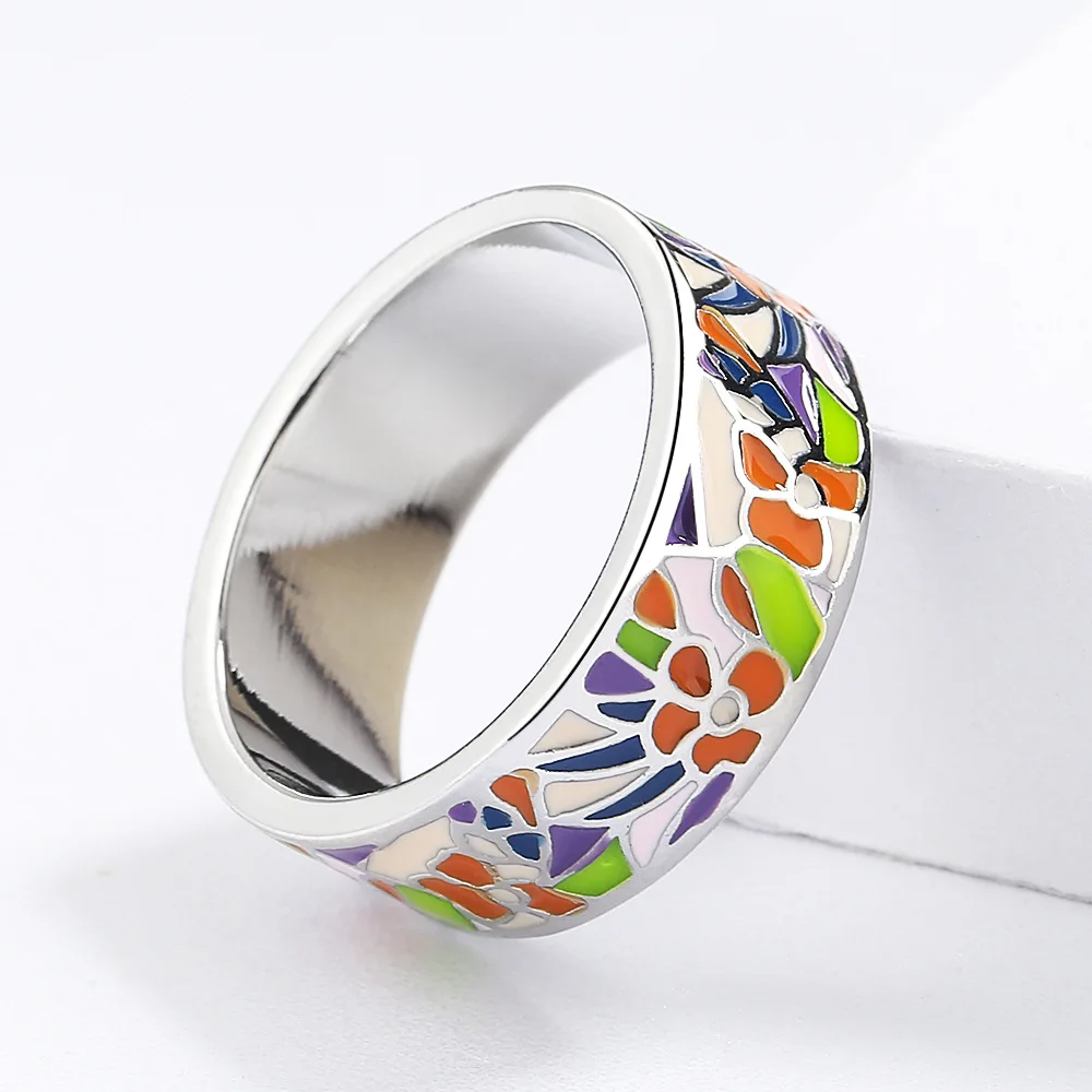 Bohemian Style Handmade Enamel Against Color Floral European and American Ring Earrings Set Elegant Temperament Jewelry