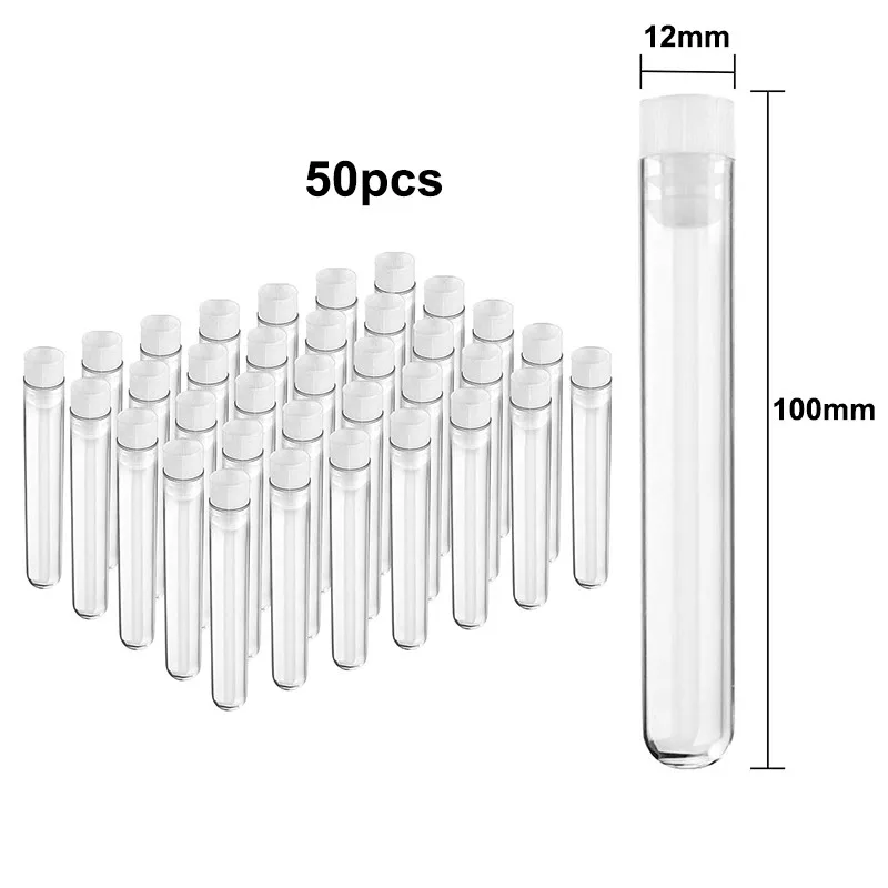 

50 шт. пластиковая пробирка 12x100 мм прозрачная пробирка с крышкой подходит для лабораторных научных экспериментов для хранения растений