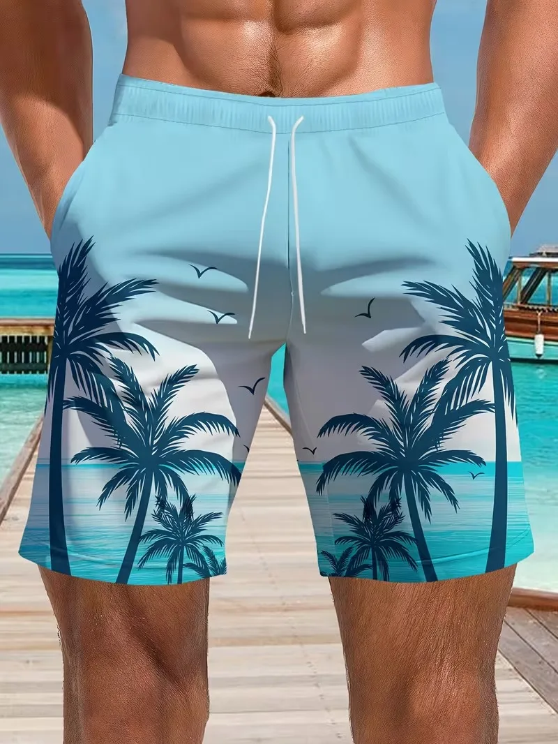 Summer 3D Coconut Tree Printed Beach Men's Shorts Palm Tree Pattern Outdoor Sports Shorts Harajuku Hawaiian Style Swimming Pants