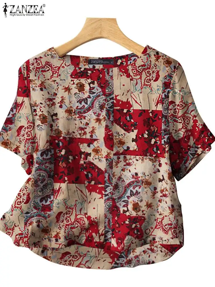 ZANZEA Vintage Printing Blouses Women 2024 Summer Casual Half Sleeve O Neck Cotton Blusas Mujer Leisure Everyday Holiday Shirts